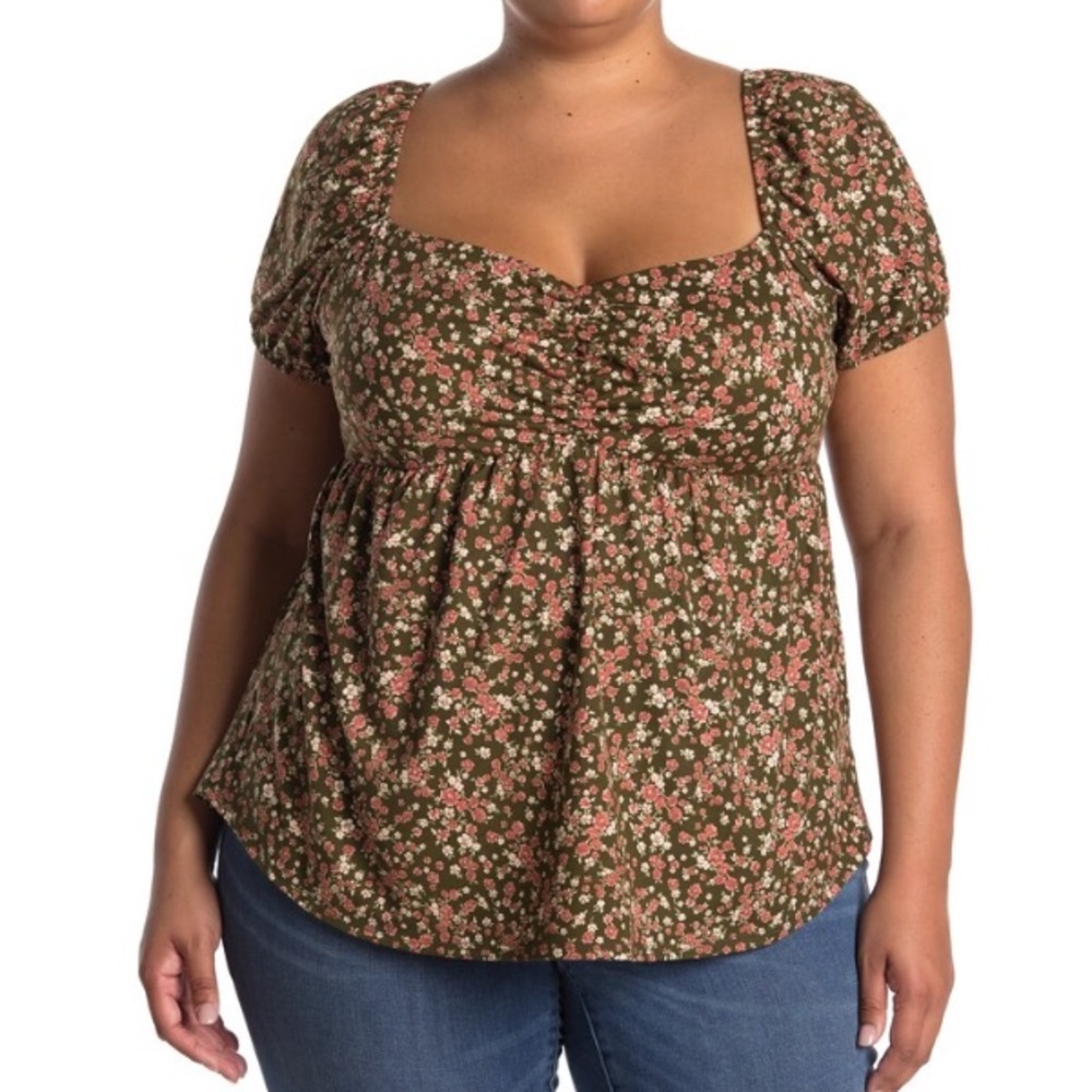SOCIALITE CURVE Babydoll Patterned Top Dark Green‎ Ground Floral, Size 2X, NWT